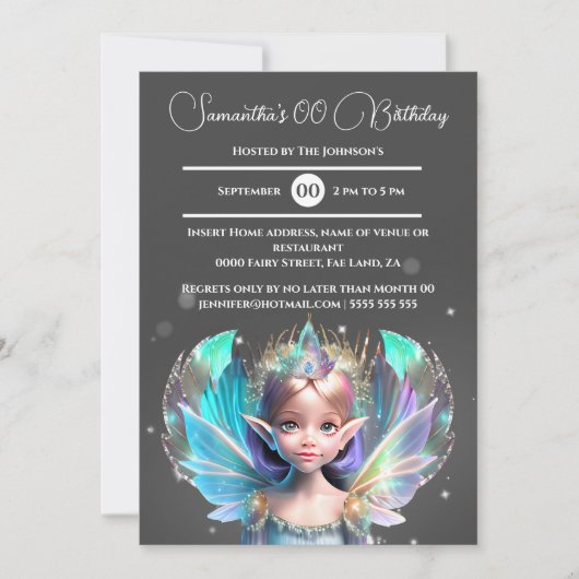 虹色の妖精の王女のきらめくお洒落翼 招待状 (正面)