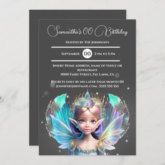 虹色の妖精の王女のきらめくお洒落翼 招待状 (正面/裏面)