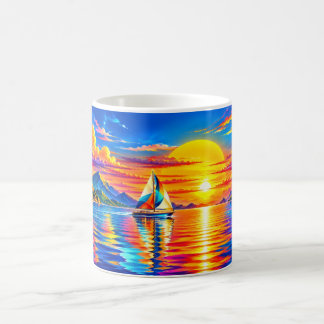 虹色の帆船が黄金の夕日に コーヒーマグカップ