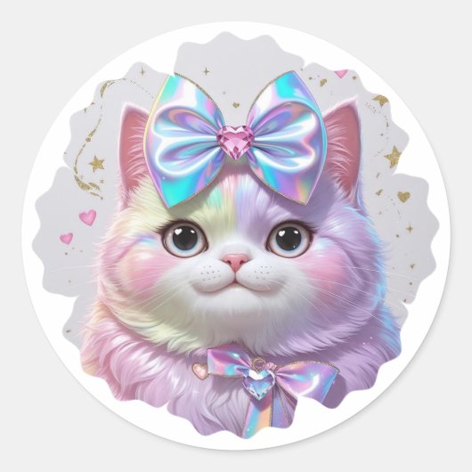 虹色の弓を持つかわいい猫 ラウンドシール (正面)