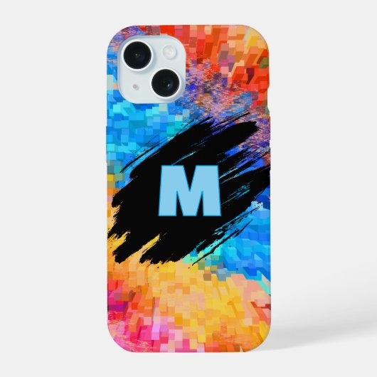 虹色の抽象的な背景にモノグラム iPhone 15ケース (裏面)
