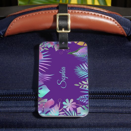 虹色の熱帯離れティール(緑がかった色)、紫の上の名前 ラゲッジタグ (正面インサイチュ2)