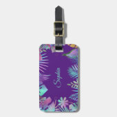 虹色の熱帯離れティール(緑がかった色)、紫の上の名前 ラゲッジタグ (正面縦)