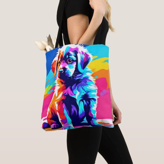 虹色の犬のアート トートバッグ (クローズアップ)