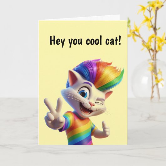 虹色の猫の誕生日 カード (黄色い花)