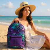 虹色の紫色の人魚のモノグラム プリントバックパック