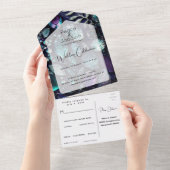 虹色の結晶の宝石，青，ラベンダー オールインワン招待状 (貼ってはがせる)