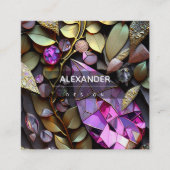 虹色の結晶宝石，ピンク，明るい赤紫色,金ゴールド スクエア名刺 (正面)