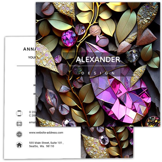 虹色の結晶宝石，ピンク，明るい赤紫色,金ゴールド スクエア名刺