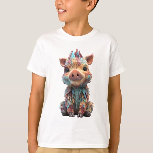 虹色の羽根の子豚キッズ Tシャツ (正面)