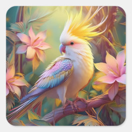 虹色の翼のオカメインコ ファンタジー・バード スクエアシール