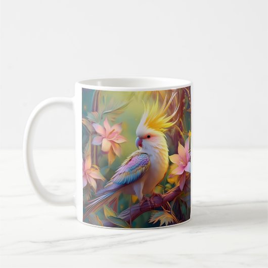 虹色の翼を持つオカメインコの幻想的な鳥 コーヒーマグカップ (左)