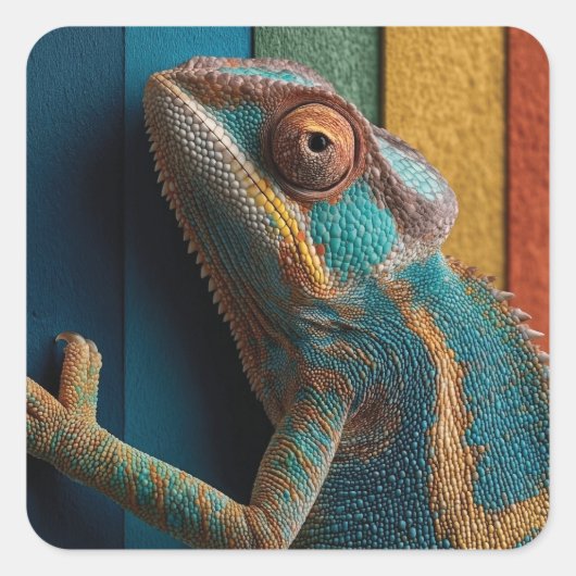 虹色の背景にいるカラフルなカメレオン スクエアシール (正面)
