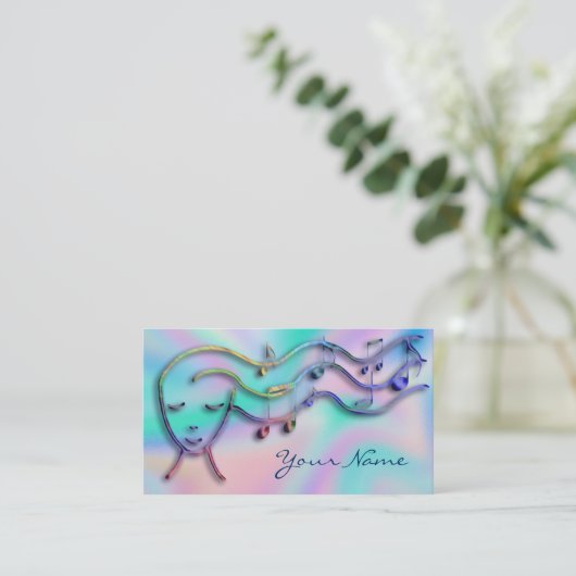 虹色の背景にフェイクある音楽少女 名刺 (スタンド正面)