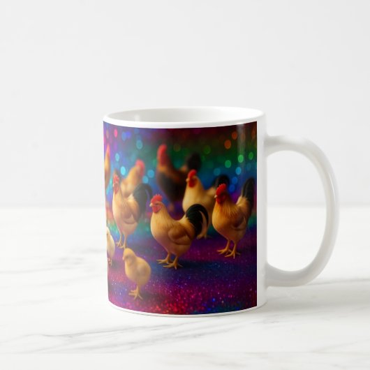 虹色の背景のニワトリたち コーヒーマグカップ (右)