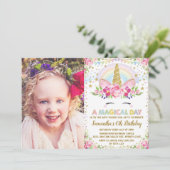 虹色の花のユニコーン誕生日パーティー招待状 招待状 (スタンド正面)