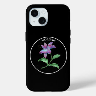 虹色の花、黒い丸、名前 iPhone 15ケース