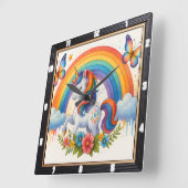 虹色の蝶々が舞うユニコーン スクエア壁時計 (傾斜)