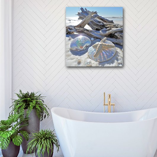 虹色の貝類ヒトデ流木白砂 ポスター