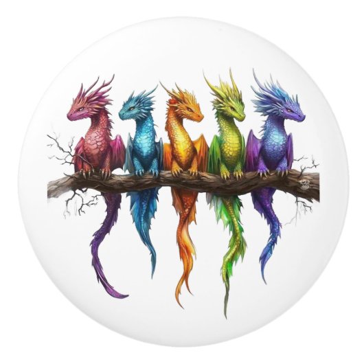虹色の赤ちゃんドラゴングループ  セラミックノブ (正面)