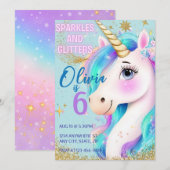 虹色の輝きユニコーンの女の子向け招待状 招待状 (正面/裏面)