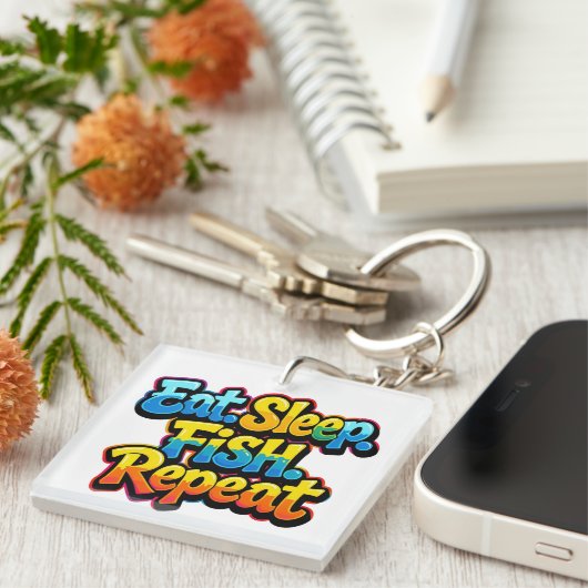 虹色の釣り好きデザイン Eat Sleep Fish Repeat Rainbow キーホルダー (正面右)