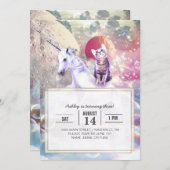 虹色の銀河猫が宇宙でユニコーンに乗っている。 招待状 (正面/裏面)