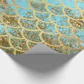 虹色の青い金ゴールドのグリッターの人魚の魚スケール ラッピングペーパー (角)