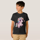 虹色の髪の魔法のユニコーンのかわいいキッズTシャツ Tシャツ (正面フル)