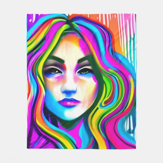 虹色の髪をした女性のレトロな肖像画 フリースブランケット (正面)