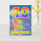 虹色の「40」&「HAPPY BIRTHDAY」、雲、空 カード (黄色い花)