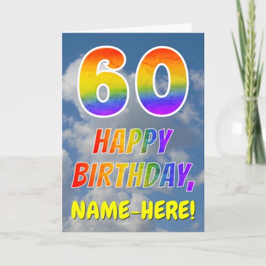 虹色の「60」&「HAPPY BIRTHDAY」、雲、空 カード (正面)
