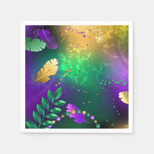 虹色のmardi gras背景とビーズ スタンダードカクテルナプキン (正面)