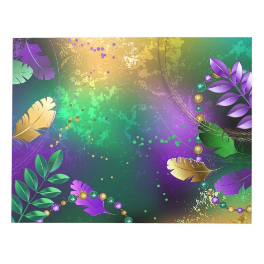 虹色のmardi gras背景とビーズ ノートパッド (正面)