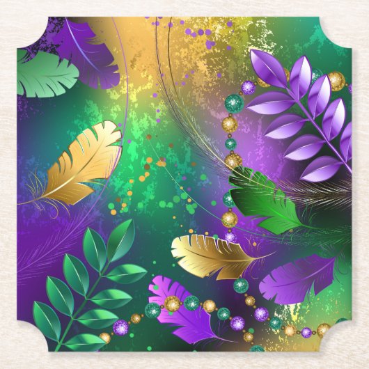 虹色のmardi gras背景とビーズ ペーパーコースター (正面)