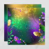 虹色のmardi gras背景とビーズ 招待状 (正面/裏面)