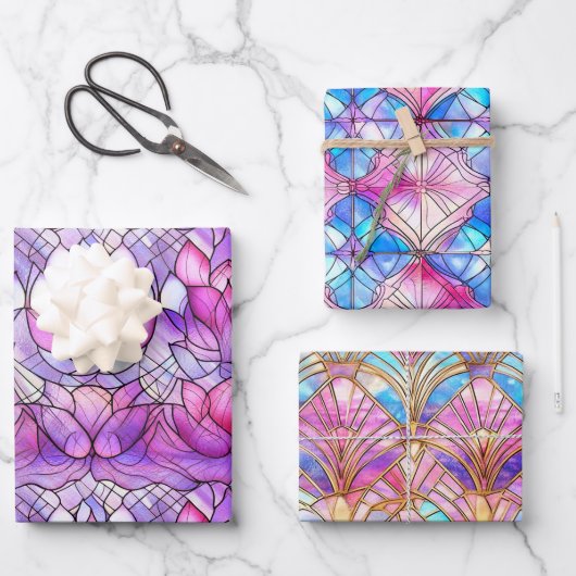 虹色エレガントピンクのステンドガフェイクラス模様 ラッピングペーパーシート (正面)