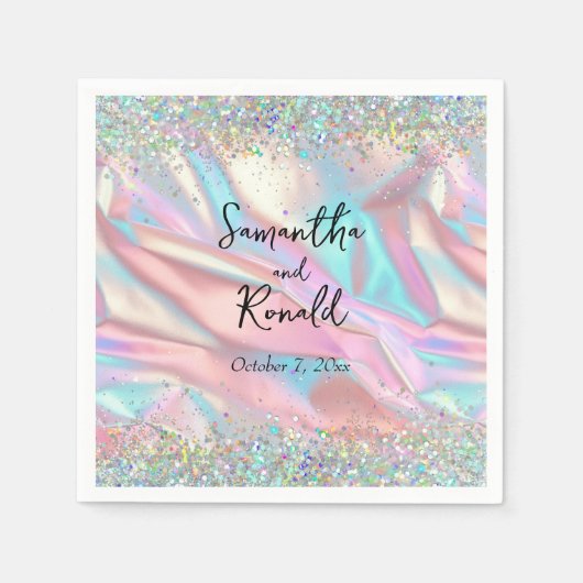 虹色エレガントフェイク箔とグリッター結婚の スタンダードカクテルナプキン (正面)