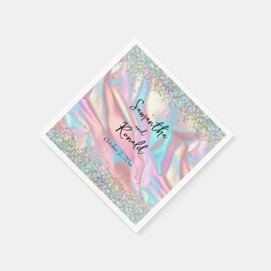虹色エレガントフェイク箔とグリッター結婚の スタンダードカクテルナプキン (角)