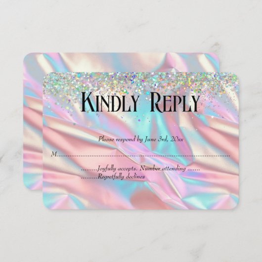 虹色エレガントフェイク箔とグリッター結婚の 出欠カード (正面/裏面)