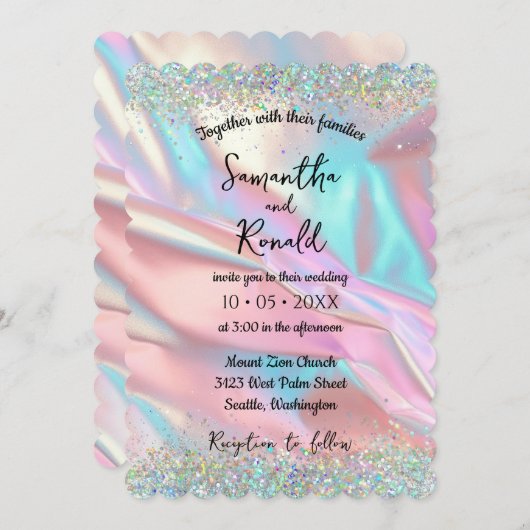虹色エレガントフェイク箔とグリッター結婚の 招待状 (正面/裏面)