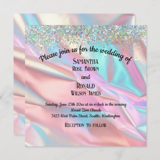 虹色エレガントフェイク箔とグリッター結婚の 招待状 (正面/裏面)