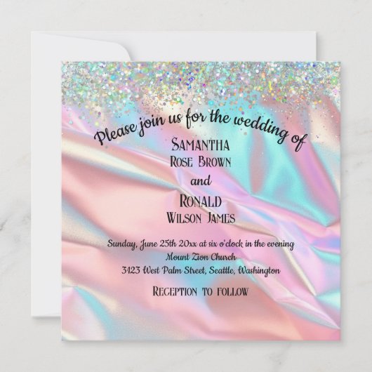 虹色エレガントフェイク箔とグリッター結婚の 招待状 (正面)