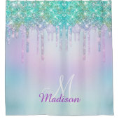 虹色エレガント青色グリッタードリップモノグラム シャワーカーテン (正面)