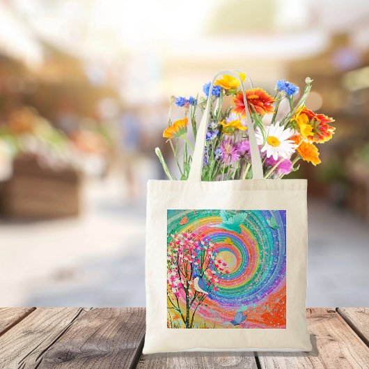虹色カラフル野草鳥蝶 トートバッグ