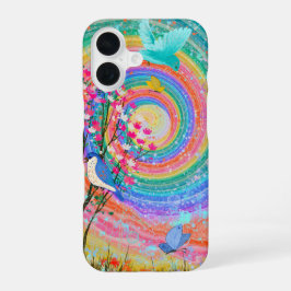 虹色カラフル野草鳥蝶 iPhone 16ケース