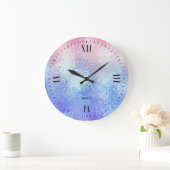 虹色ガラスグラデーションブルーからバラ-金ゴールド ラージ壁時計 (ホーム)