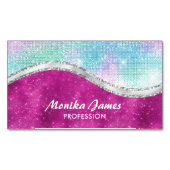 虹色ガーリーピンク銀グリッターモノグラフェイクム マグネット名刺 (正面)