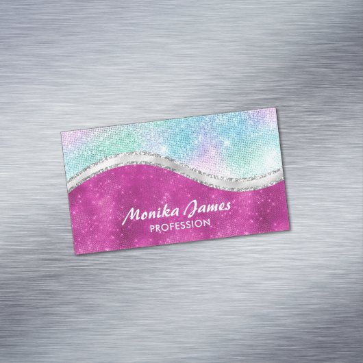 虹色ガーリーピンク銀グリッターモノグラフェイクム マグネット名刺 (インサイチュ)