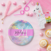 虹色ガーリーホログラフィック虹色モノグラム名 ペーパープレート (パーティー)